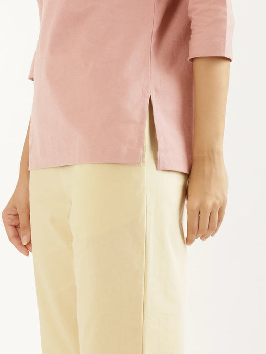 Women Salmon Pink Airy Linen Split Neck Short Kurta