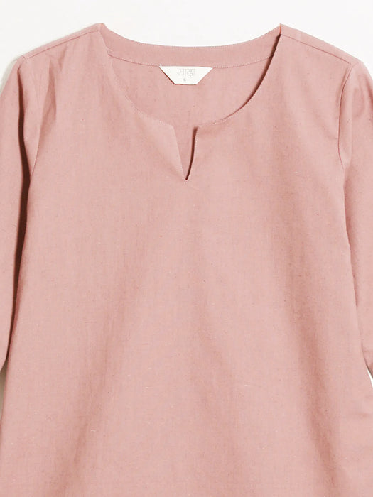 Women Salmon Pink Airy Linen Split Neck Short Kurta
