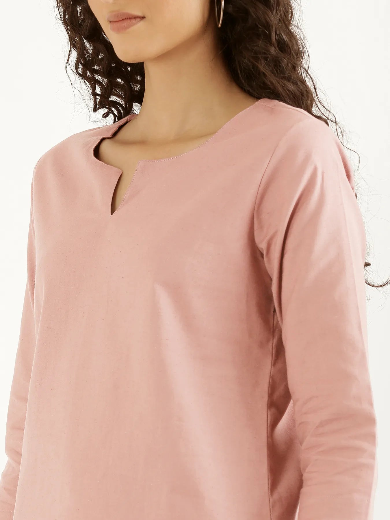 Women Salmon Pink Airy Linen Split Neck Short Kurta
