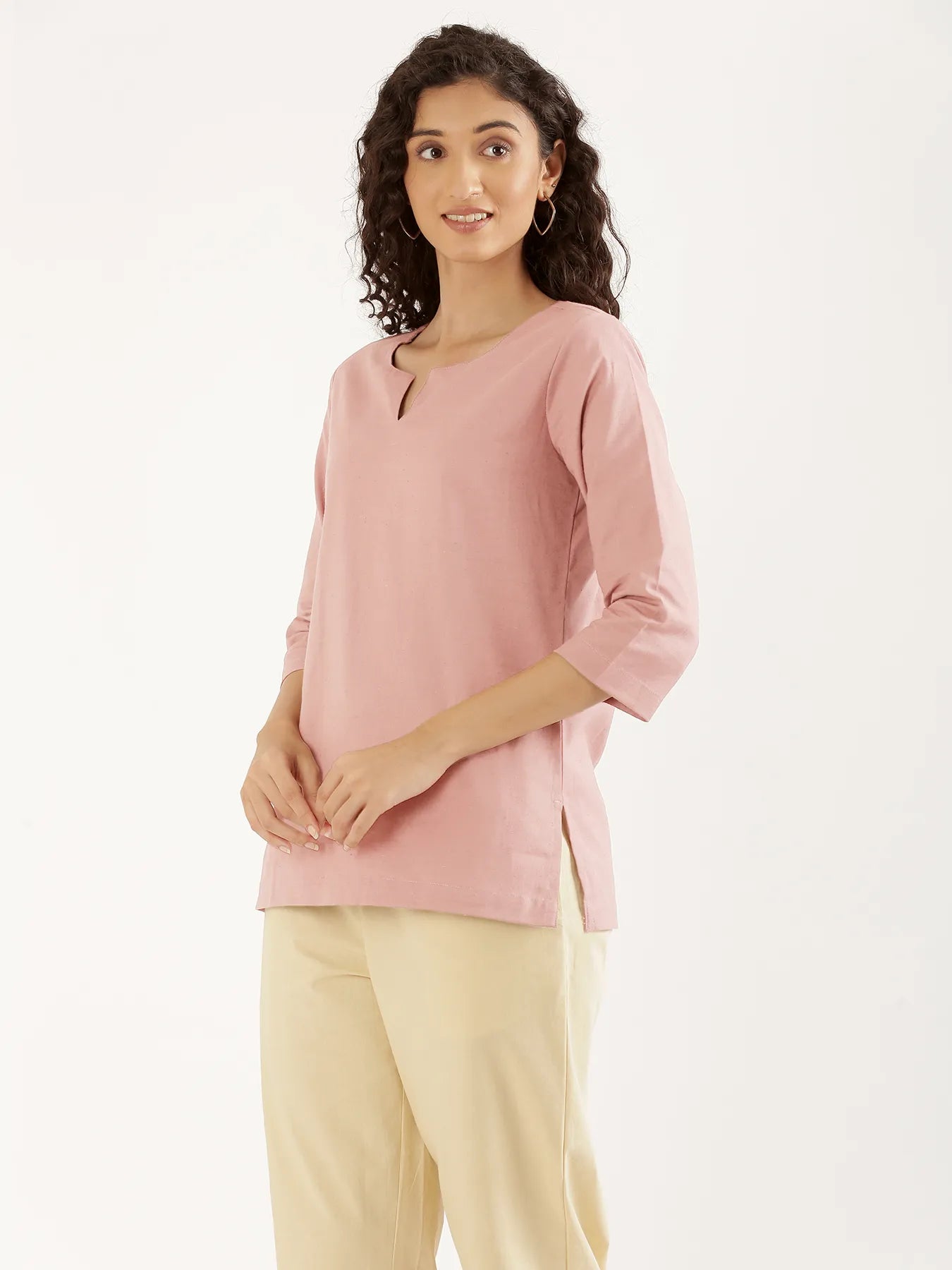 Women Salmon Pink Airy Linen Split Neck Short Kurta