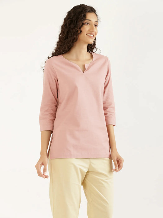 Women Salmon Pink Airy Linen Split Neck Short Kurta