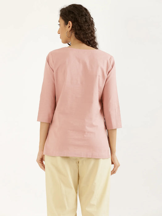 Women Salmon Pink Airy Linen Split Neck Short Kurta