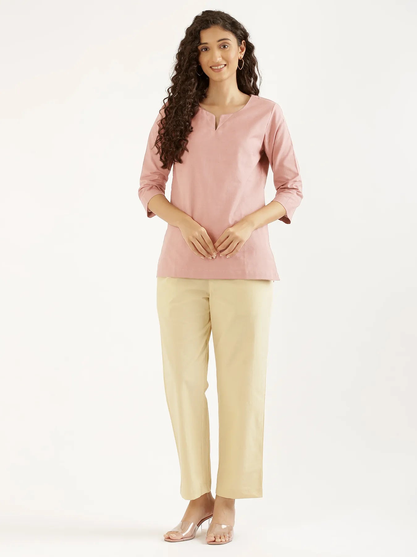 Women Salmon Pink Airy Linen Split Neck Short Kurta