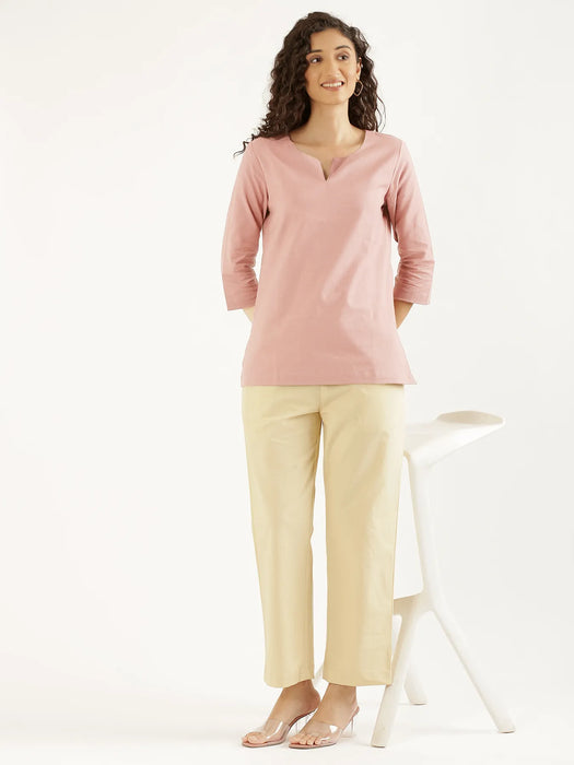 Women Salmon Pink Airy Linen Split Neck Short Kurta