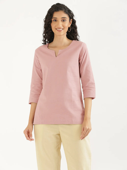 Women Salmon Pink Airy Linen Split Neck Short Kurta