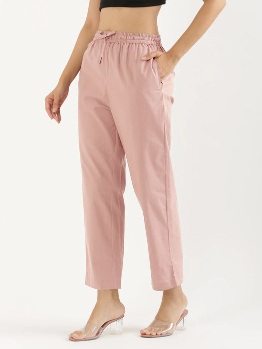 Women Salmon Pink Cotton Straight Pant