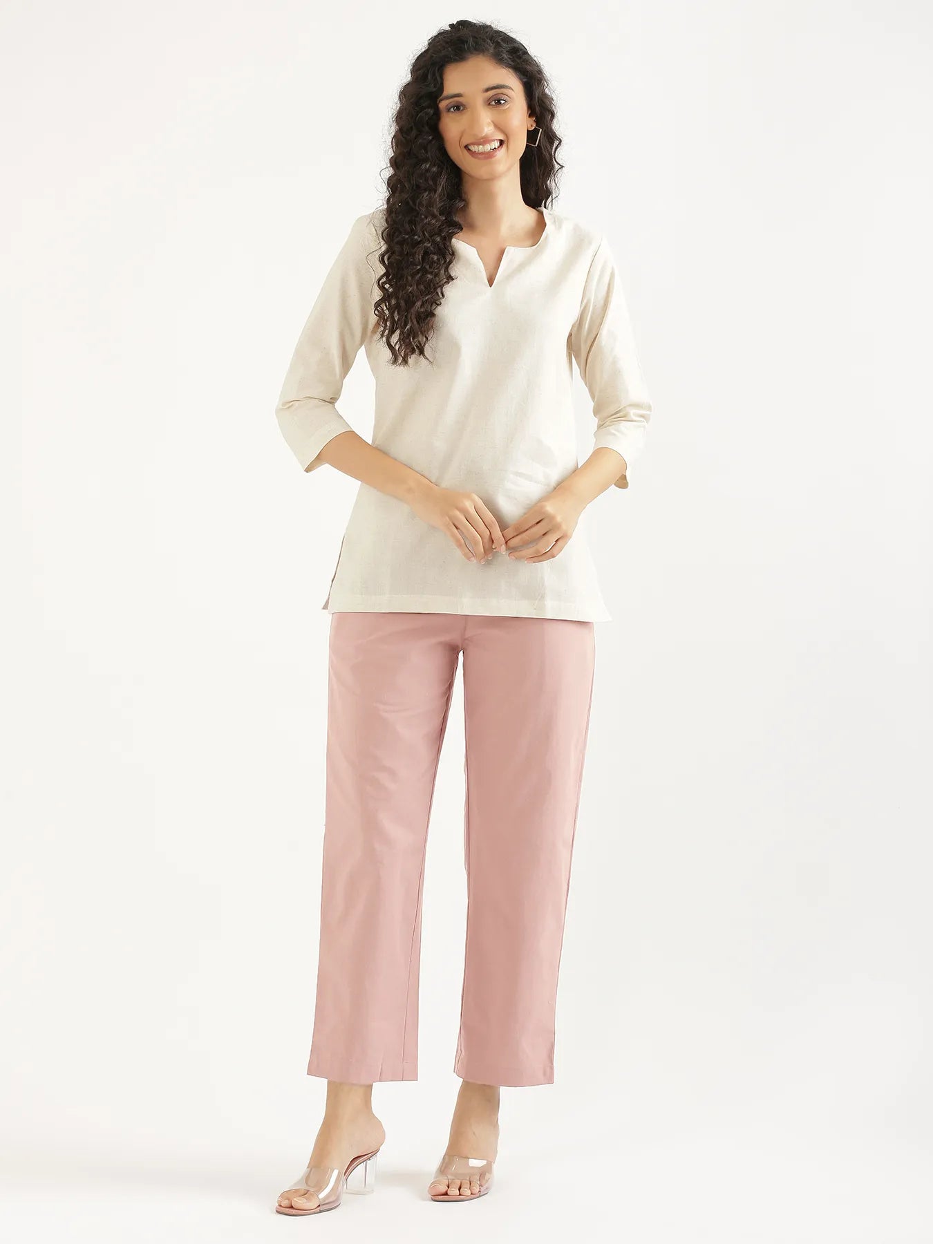 Women Salmon Pink Cotton Straight Pant