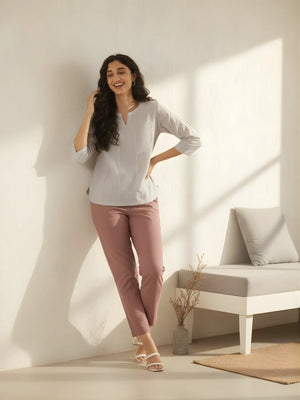 Women Grey Everyday Cotton Top & Rose Taupe Cotton Pant Set