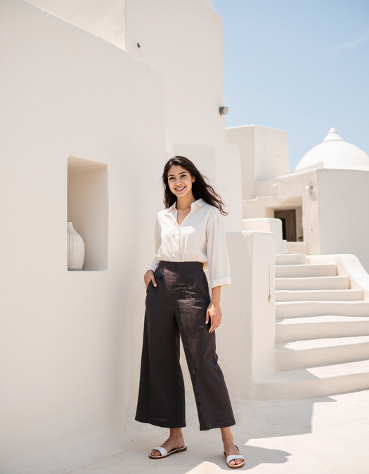 Women Black Airy Linen Wide Leg Pant