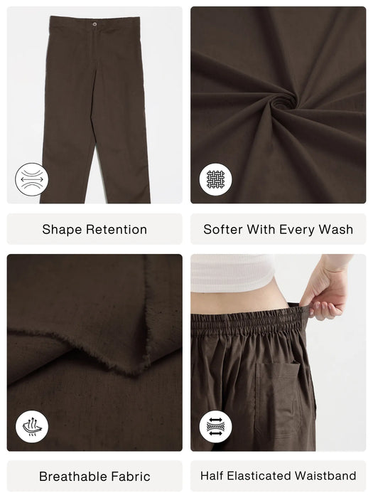 Women Dark Brown Airy Linen Straight Pants