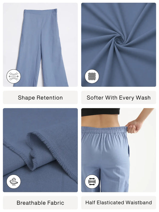 Women English Blue Airy Linen Wide Leg Pant
