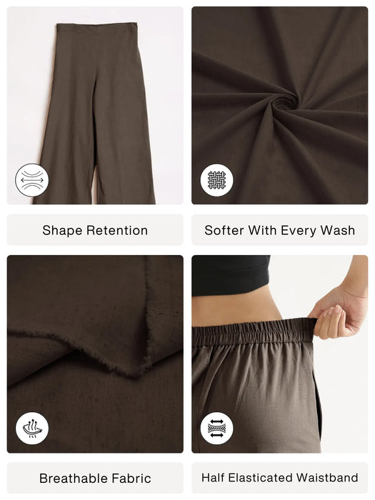 Women Dark Brown Airy Linen Wide Leg Pant