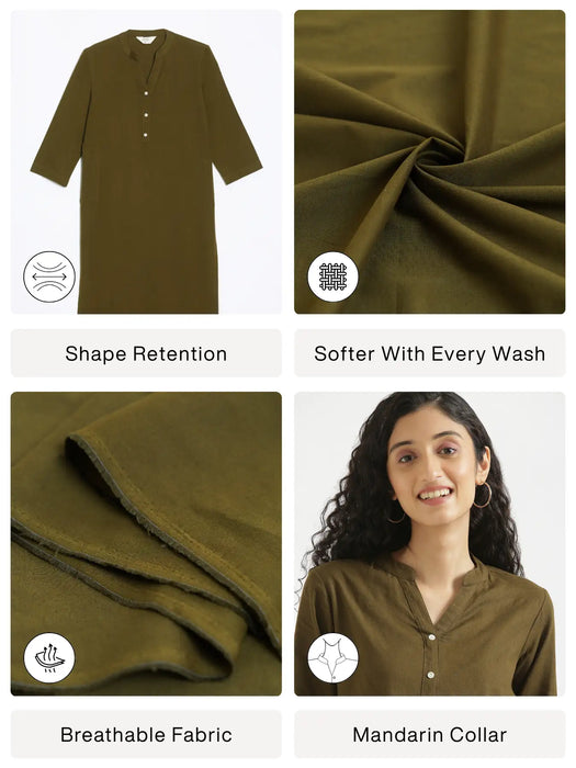 Women Olive Green Airy Linen Long Kurta