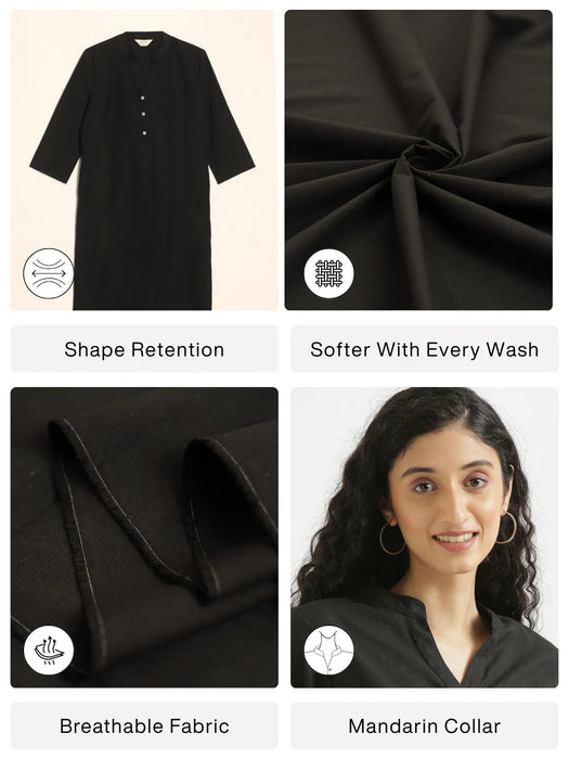 Women Black Airy Linen Long Kurta