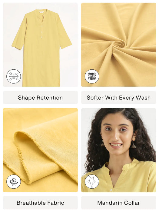 Women Lemon Yellow Airy Linen Long Kurta