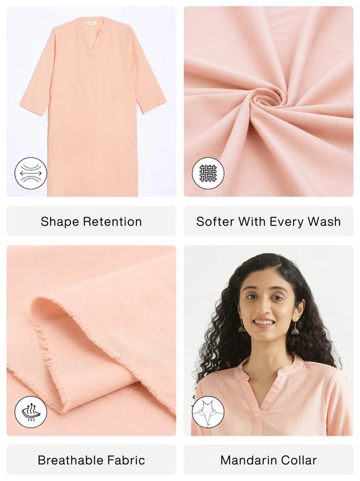 Women Salmon Pink Airy Linen Long Kurta