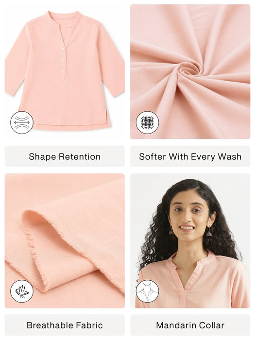 Women Salmon Pink Airy Linen Short Kurta