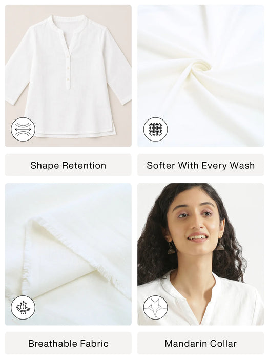 Women White Airy Linen Short Kurta