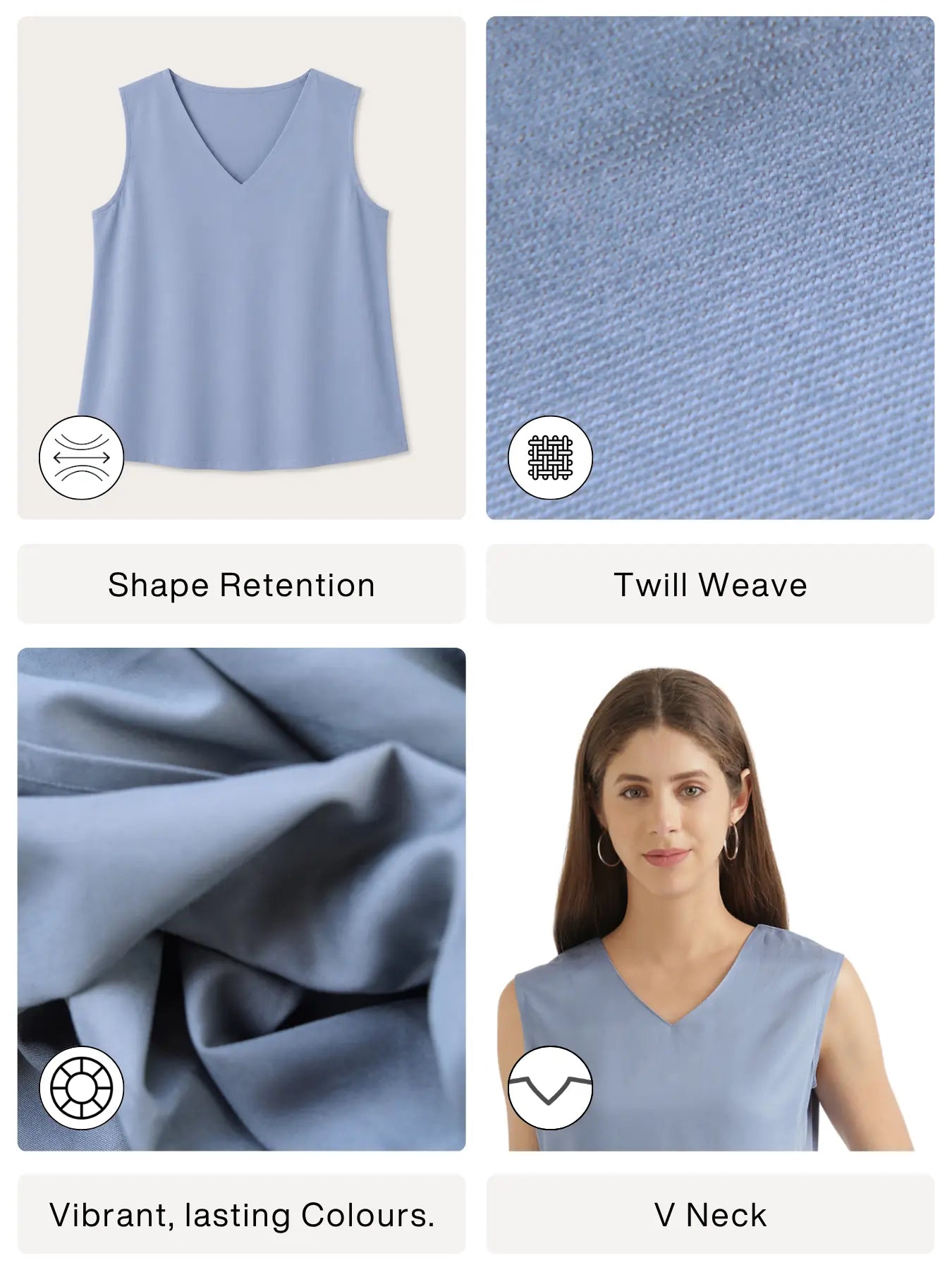 Women English Blue V-Neck Sleeveless Top