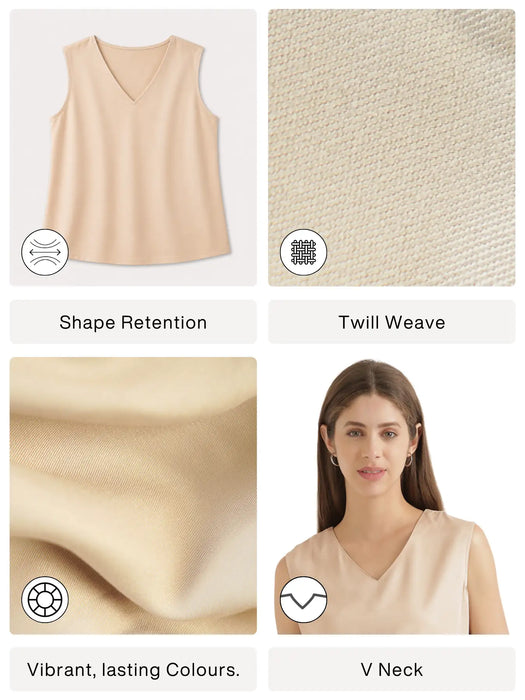 Women Beige V-Neck Sleeveless Top