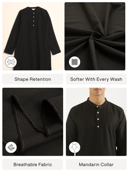 Men Black Airy Linen Long Kurta