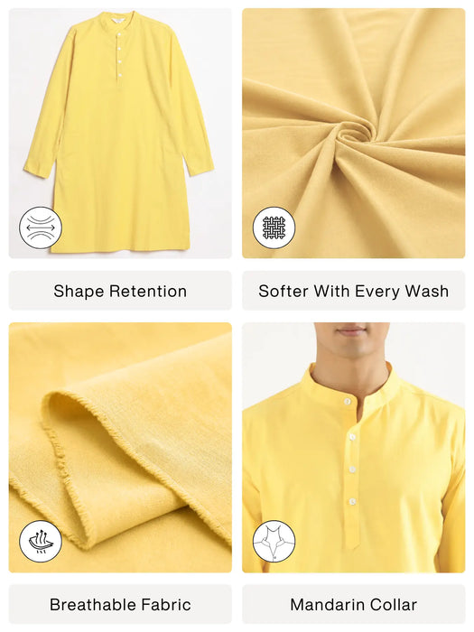 Men Lemon Yellow Airy Linen Long Kurta