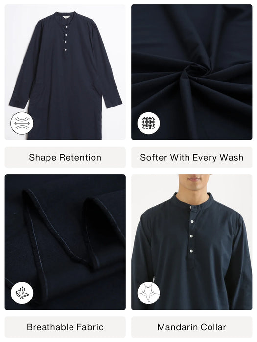 Men Navy Blue Airy Linen Long Kurta