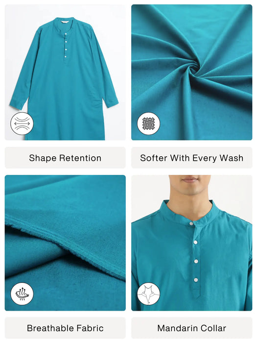Men Teal Airy Linen Long Kurta