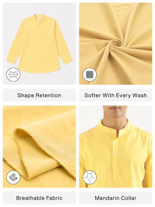 Men Lemon Yellow Airy Linen Short Kurta