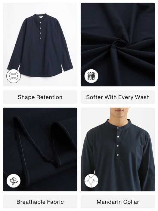 Men Navy Blue Airy Linen Short Kurta