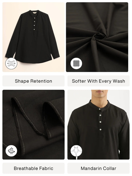 Men Black Airy Linen Short Kurta