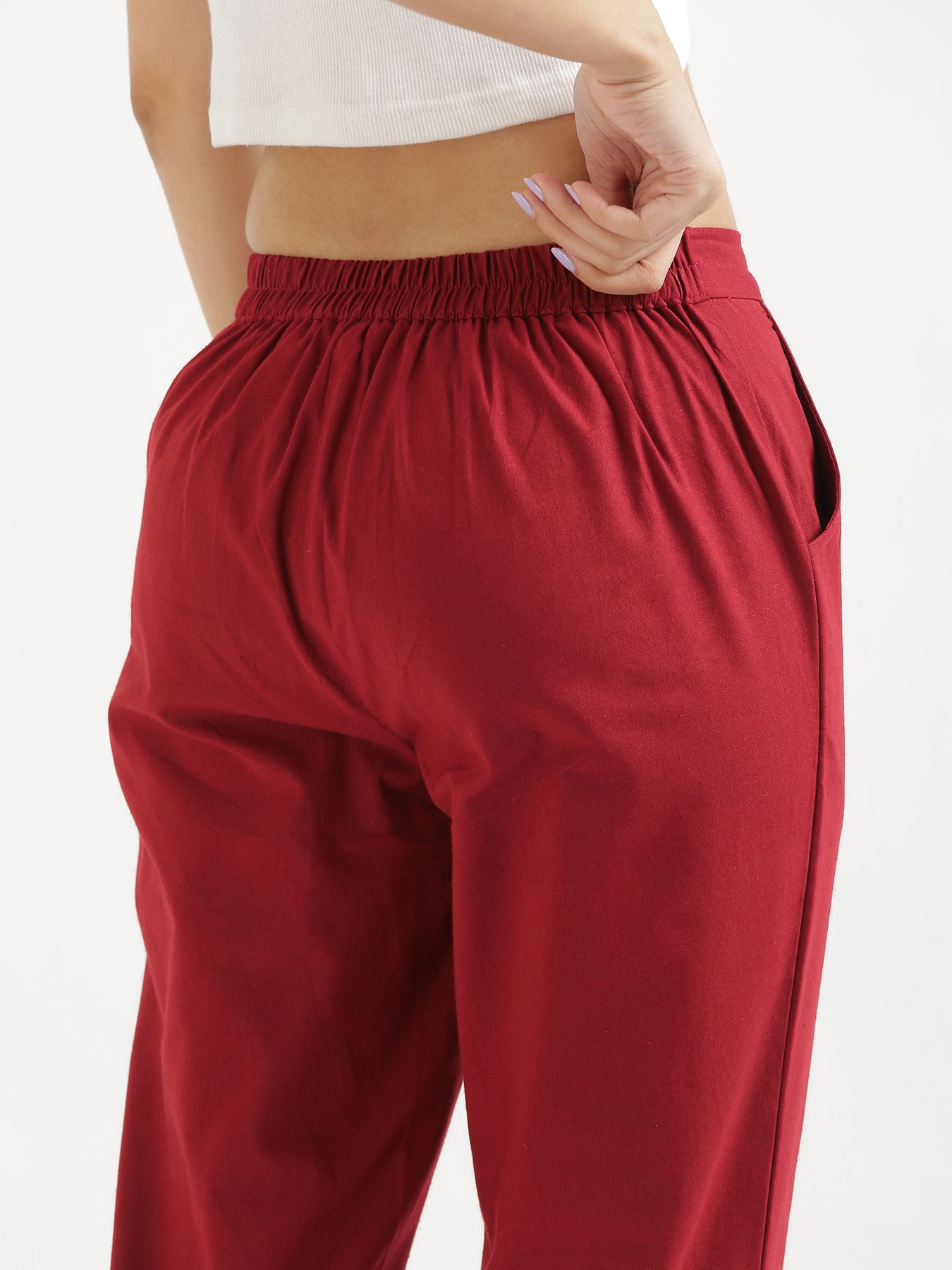 Globus Maroon Cotton Straight Fit Mid Rise Trousers