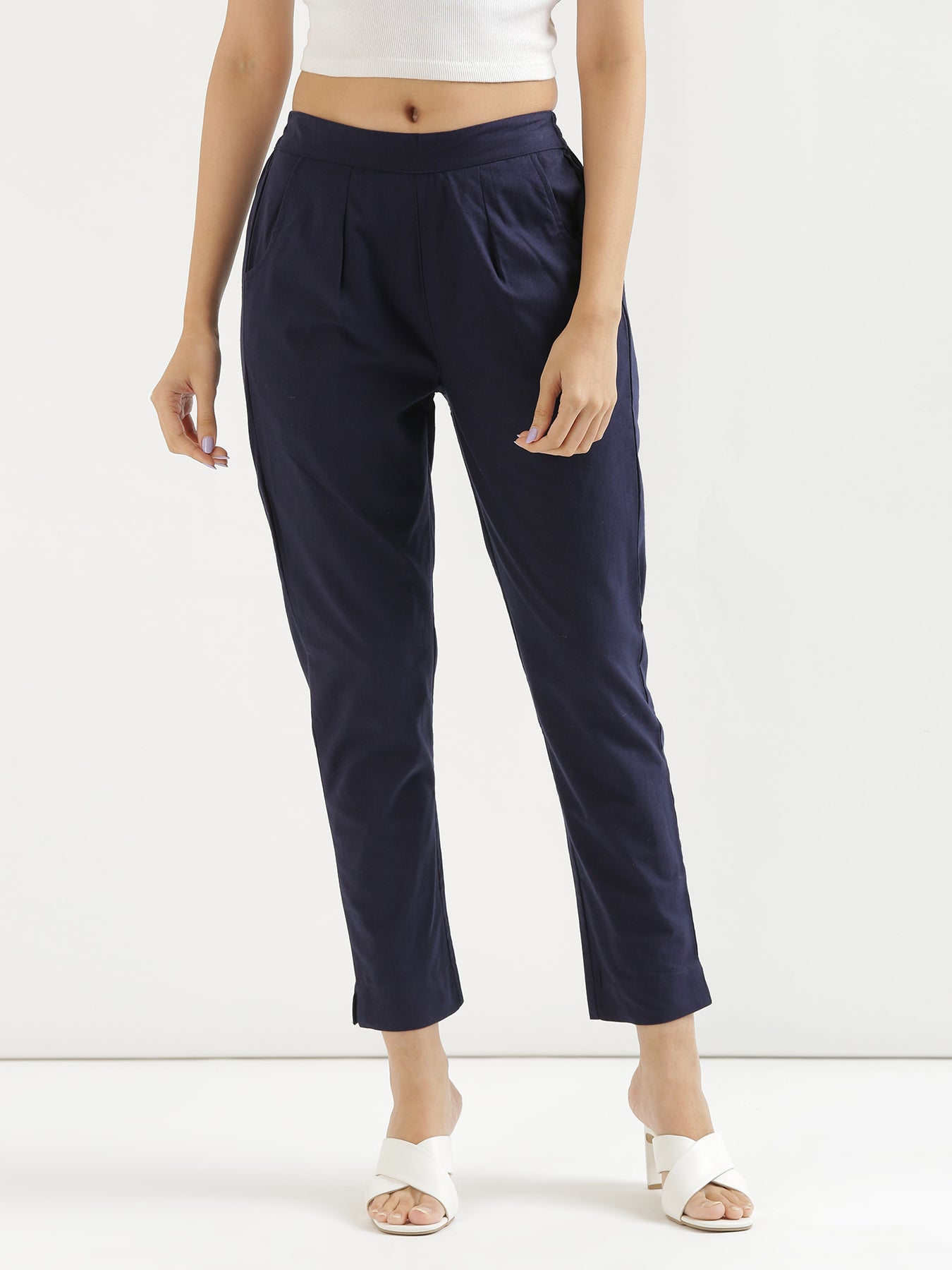 Buy Go Colors Women Solid Mid Rise Metallic Pants - Navy Blue Online