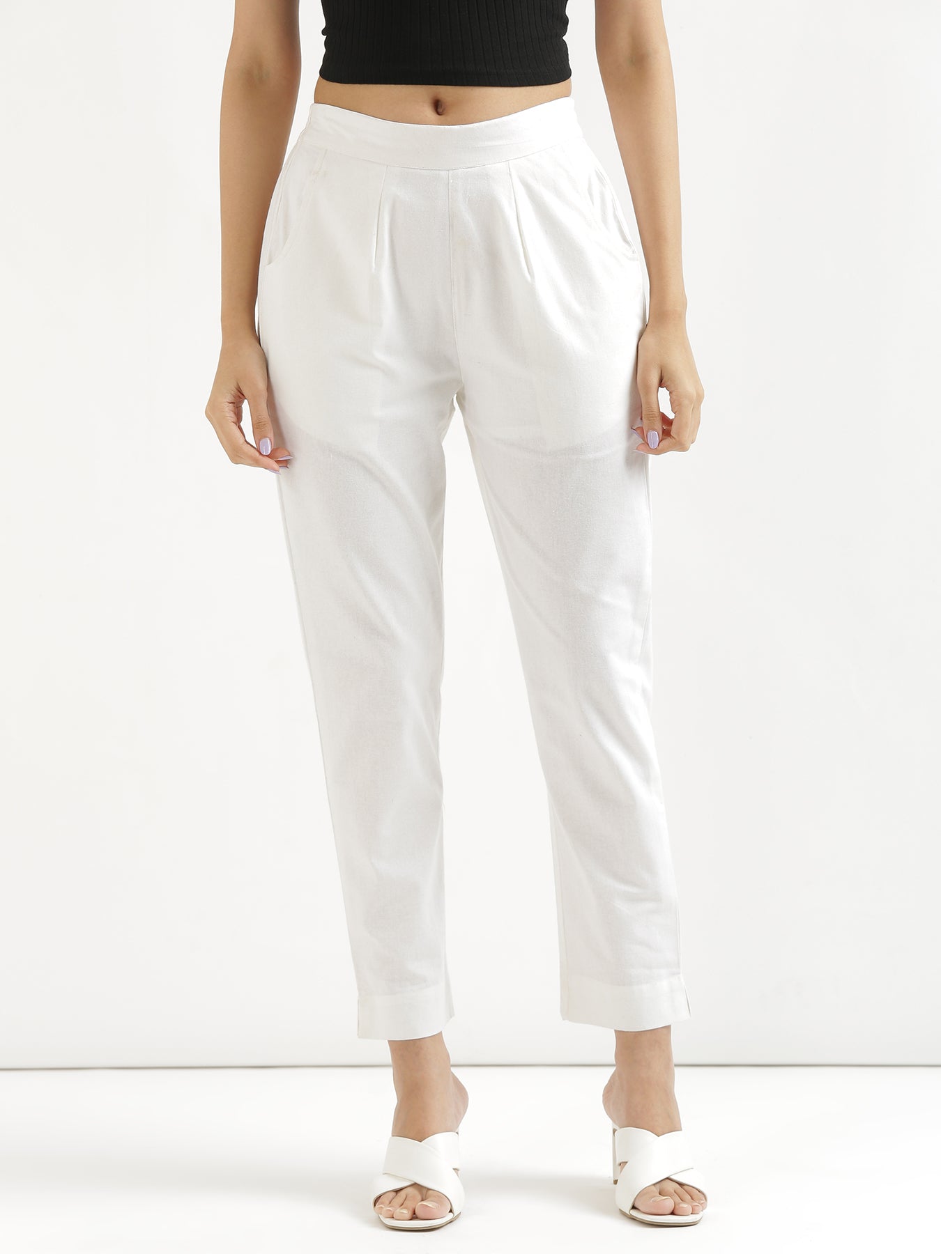 Women Regular Fit White Cotton Blend Trousers - Flax Fashion