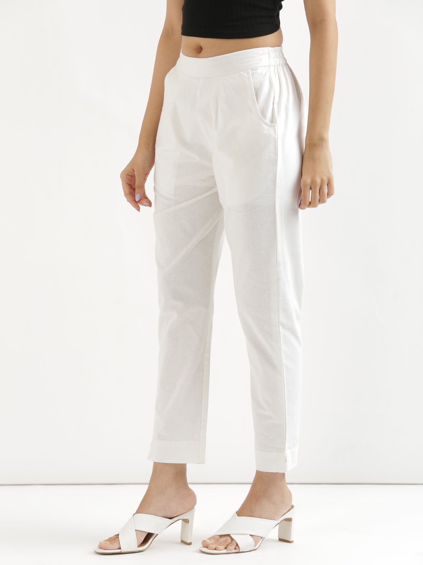 White Cotton Trouser For Women, Solid Regular Fit