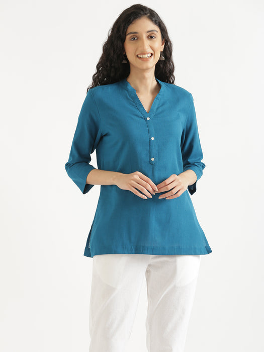 Turquoise Short Kurta with White Cotton Pant
