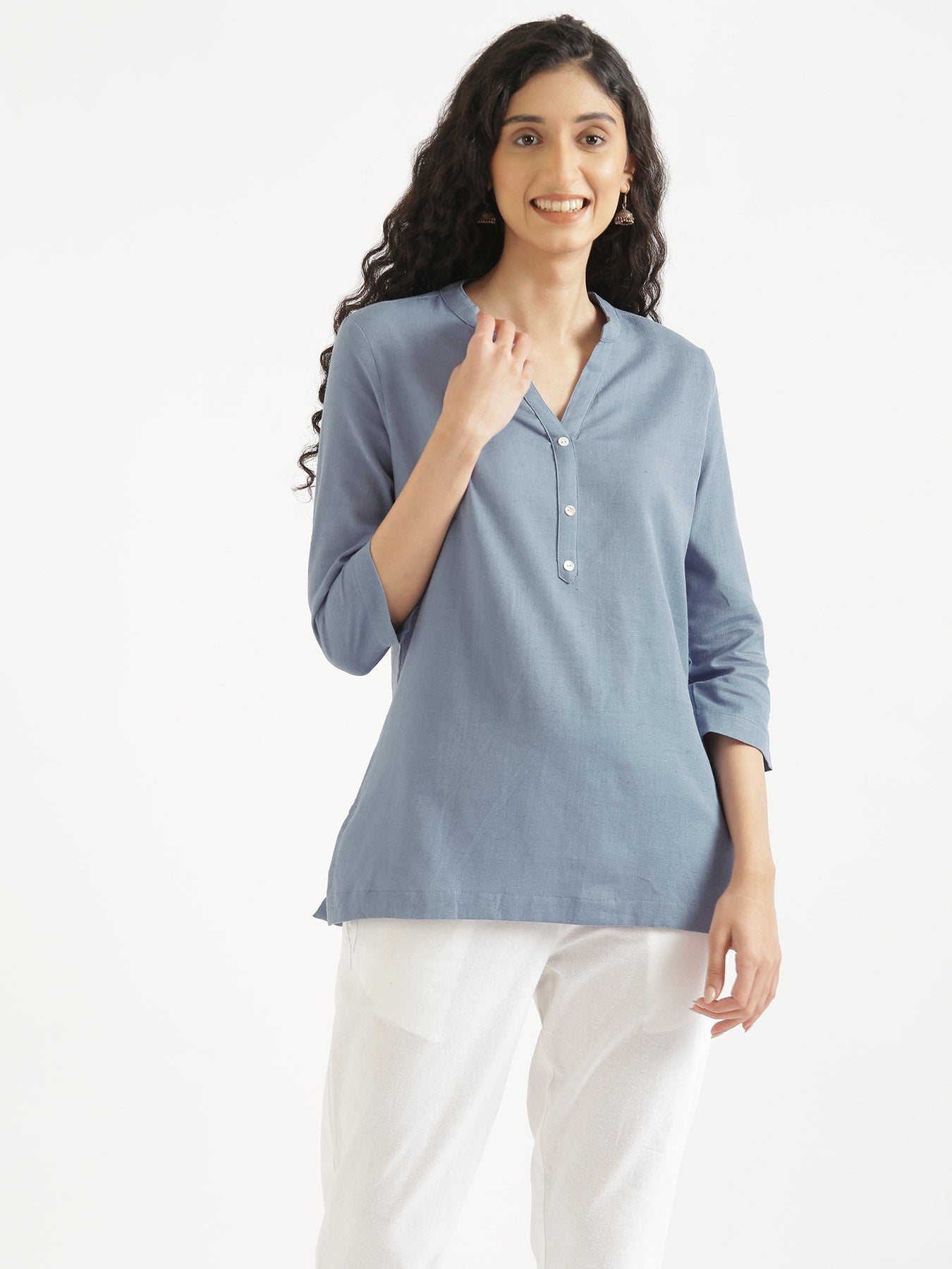 English Blue Airy Linen Short Kurta