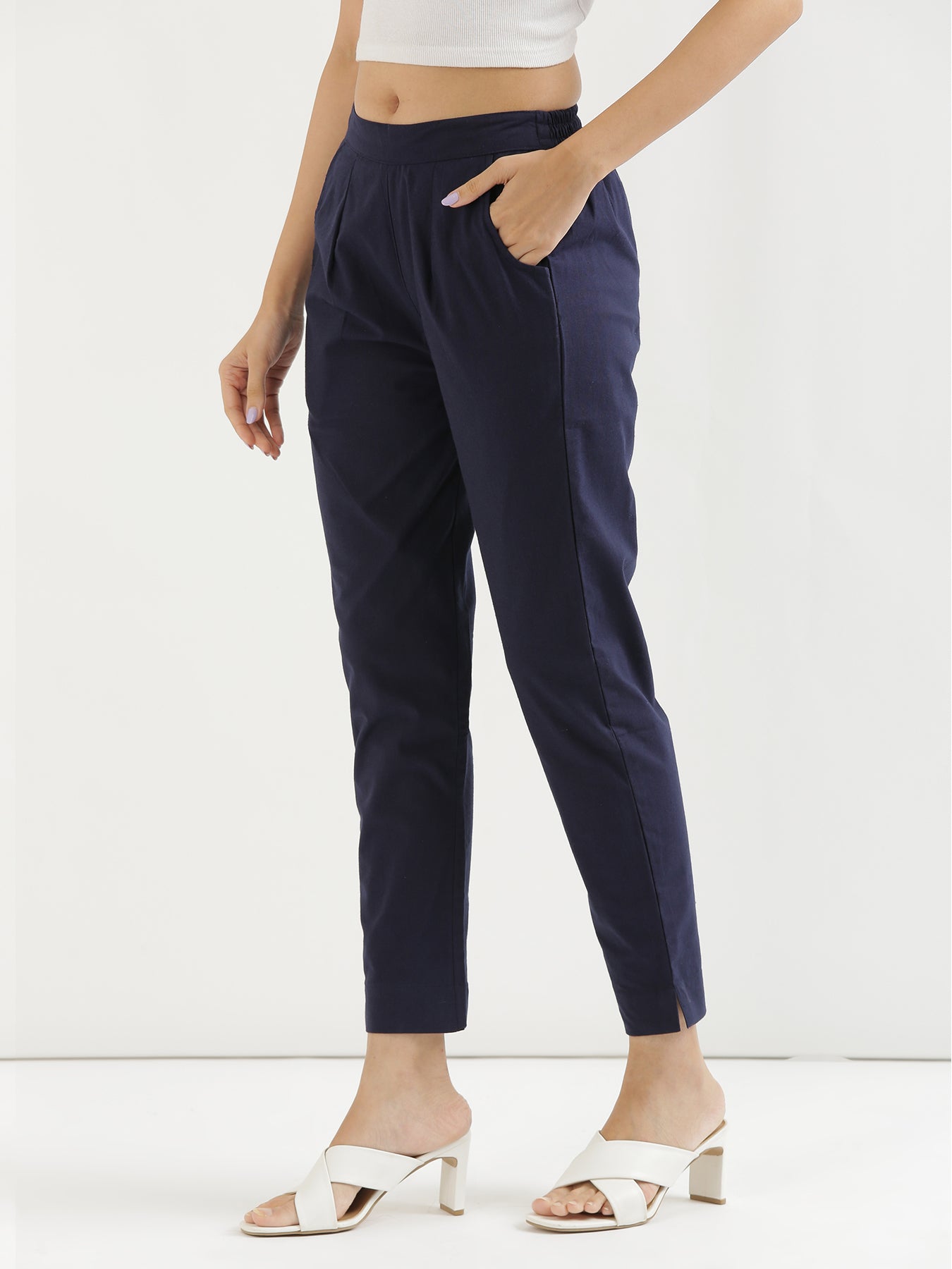Buy Navy Blue Linen Elasticated Wide Leg Formal Trouser Online | FableStreet