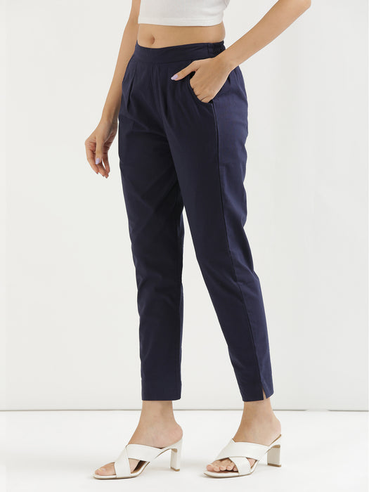Women Plus Size Navy Blue Cotton Pant
