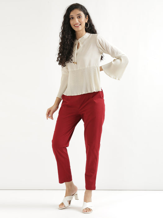 Maroon Cotton Pant with Ecru Airy Linen Short Kurta