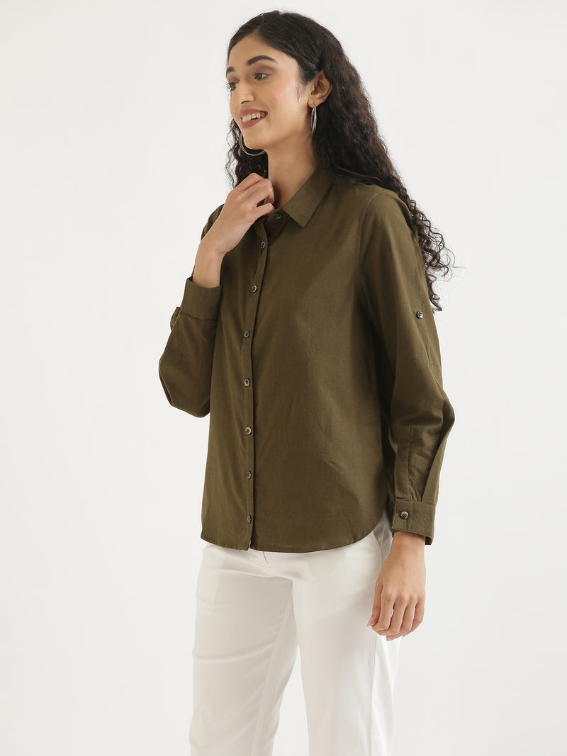 Olive Green Airy-Linen Shirt – सादा / SAADAA