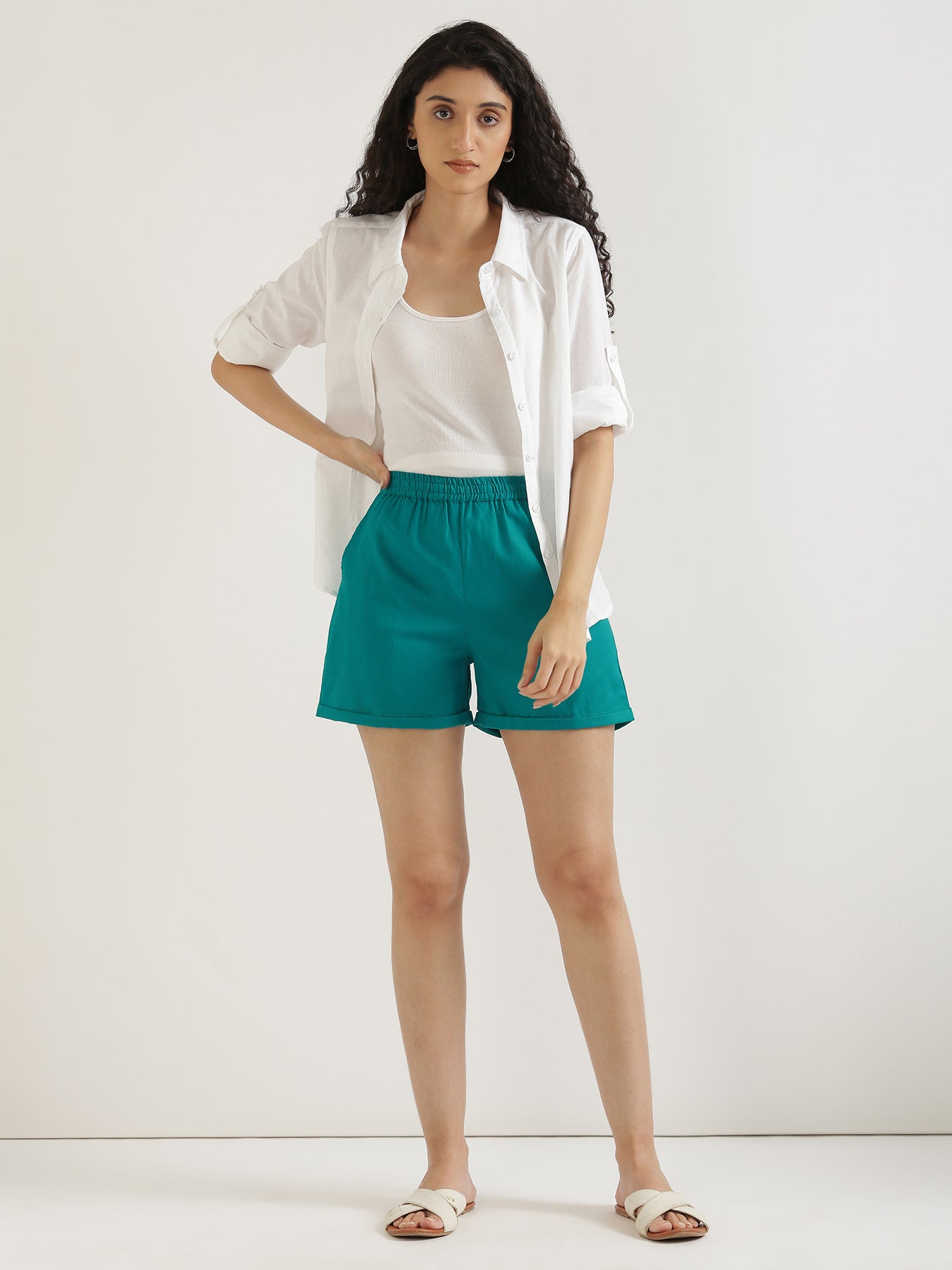 Teal Airy-Linen Shorts