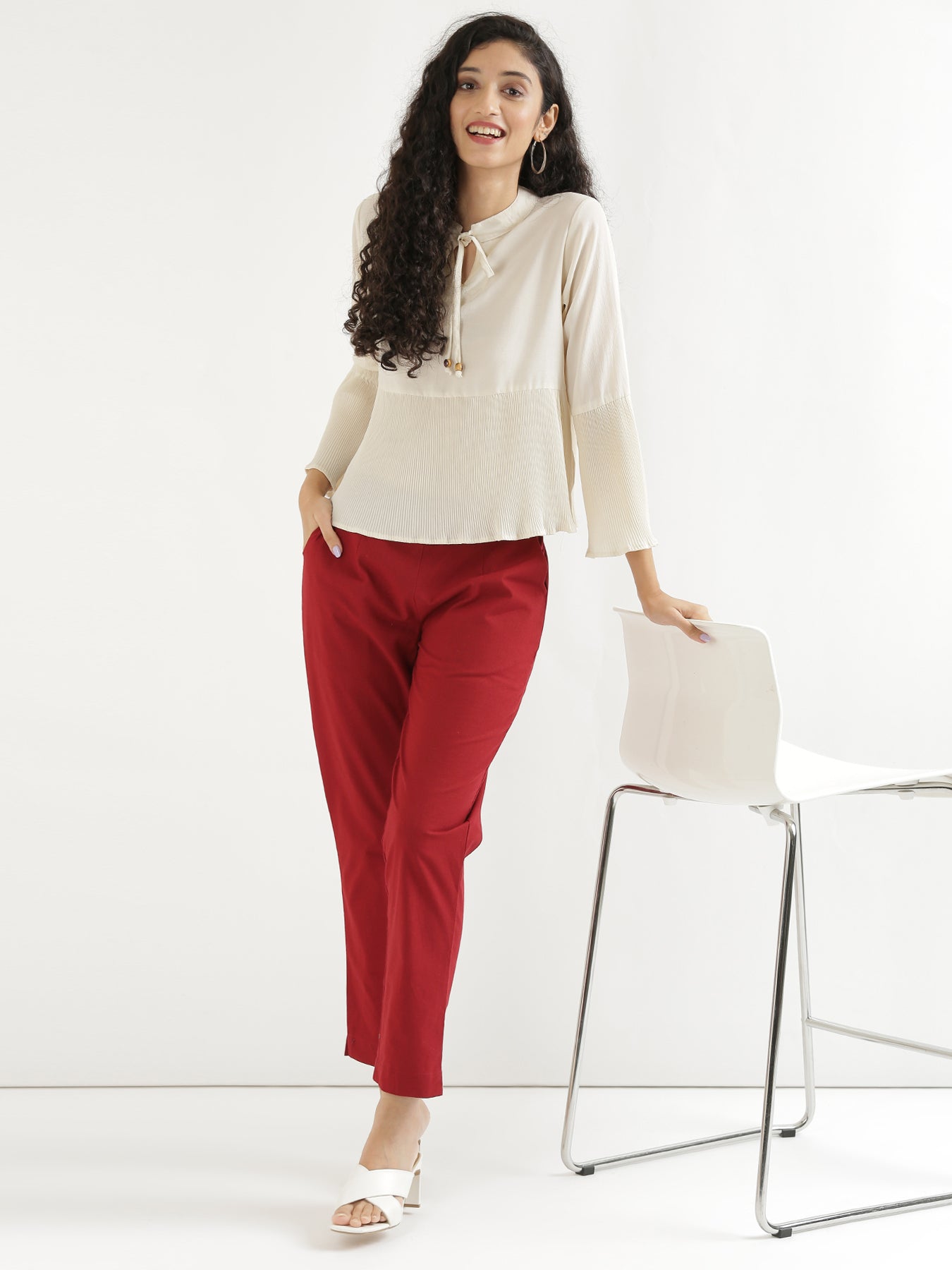 Maroon Cotton Trouser For Women, Solid Regular Fit