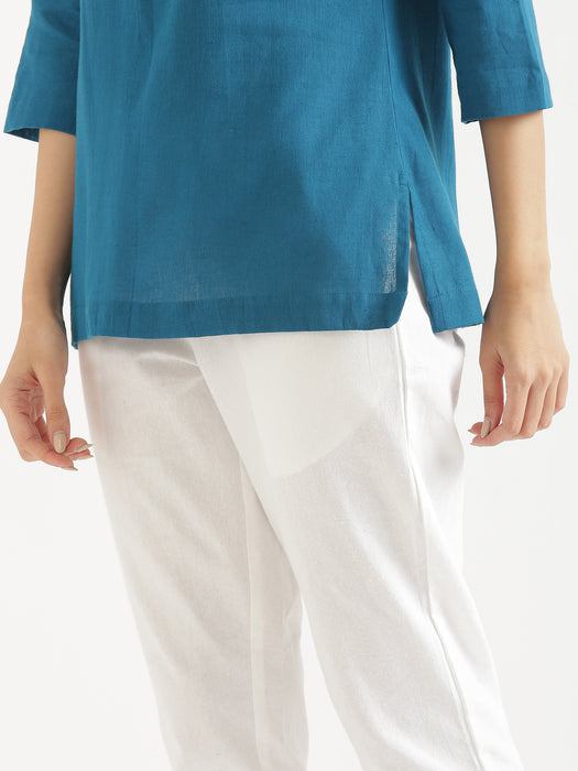 Turquoise Short Kurta with White Cotton Pant