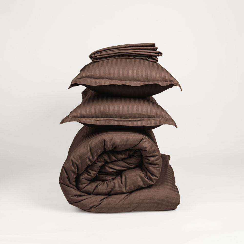 Cotton Striped 300 TC King Size Duvet Cover Set - Choco Brown