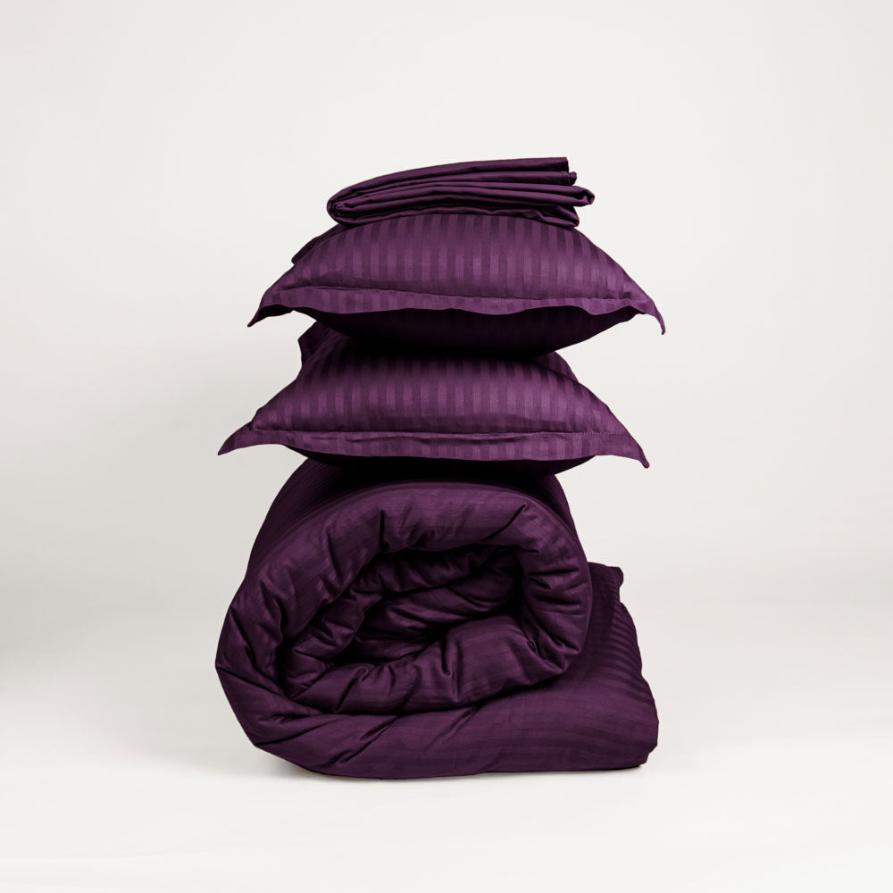 Cotton Striped 300 TC King Size Duvet cover Set - Dark Violet