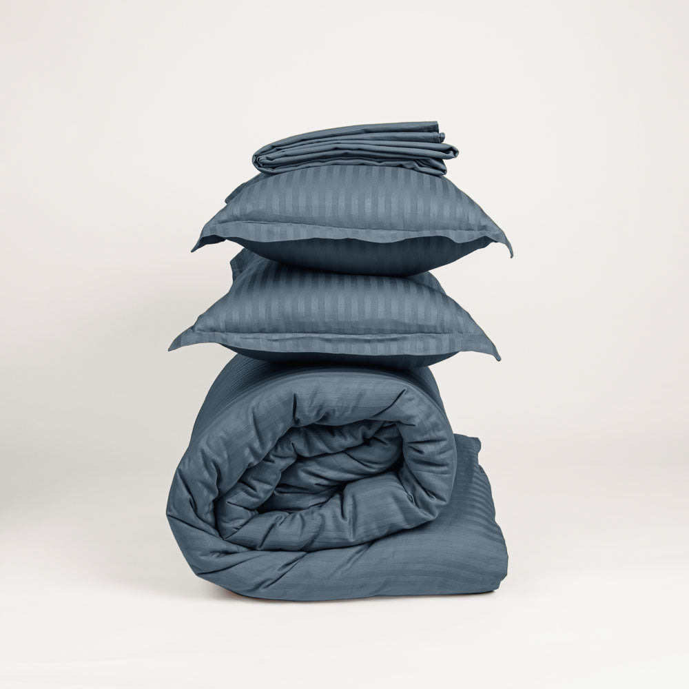 Cotton Striped 300 TC King Size Duvet cover Set - Slate Grey